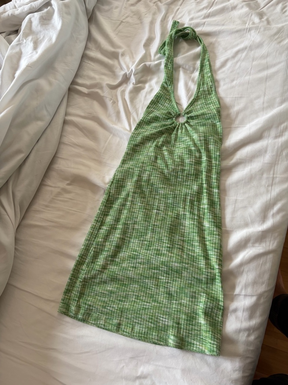 Mango Light Green Ribbed Knit Mini Dress